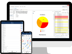 Dashboard and mobile views of community association management software, displaying violations and maintenance tasks.